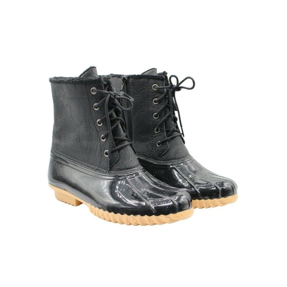 Sporto Saltwater Bella Black Quilted Floral Nylon Lace Up Duck Boots Size 8